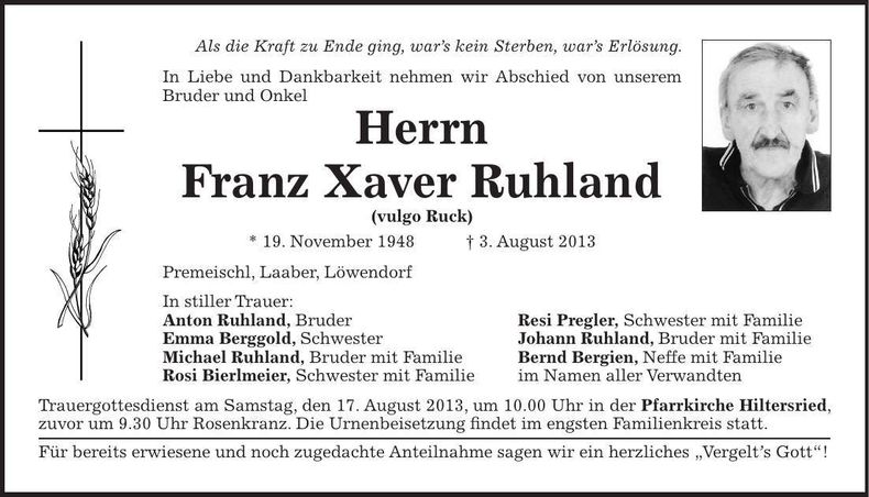 Traueranzeige Franz Xaver Ruhland