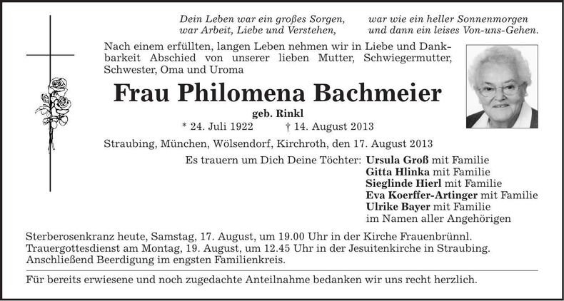 Traueranzeige Philomena Bachmeier