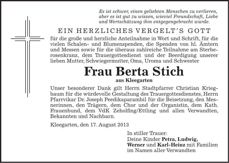 Traueranzeige Berta Stich