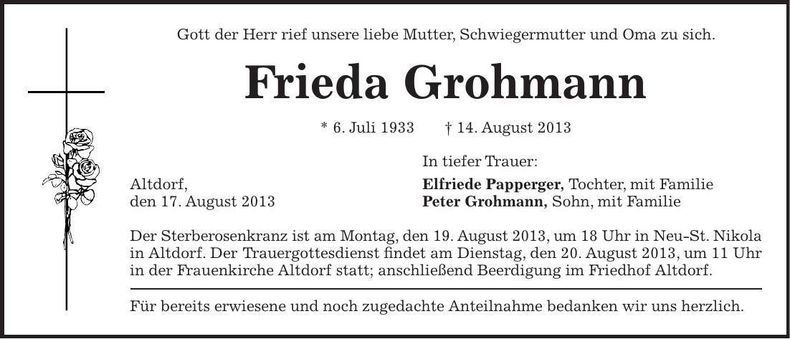 Traueranzeige Frieda Grohmann