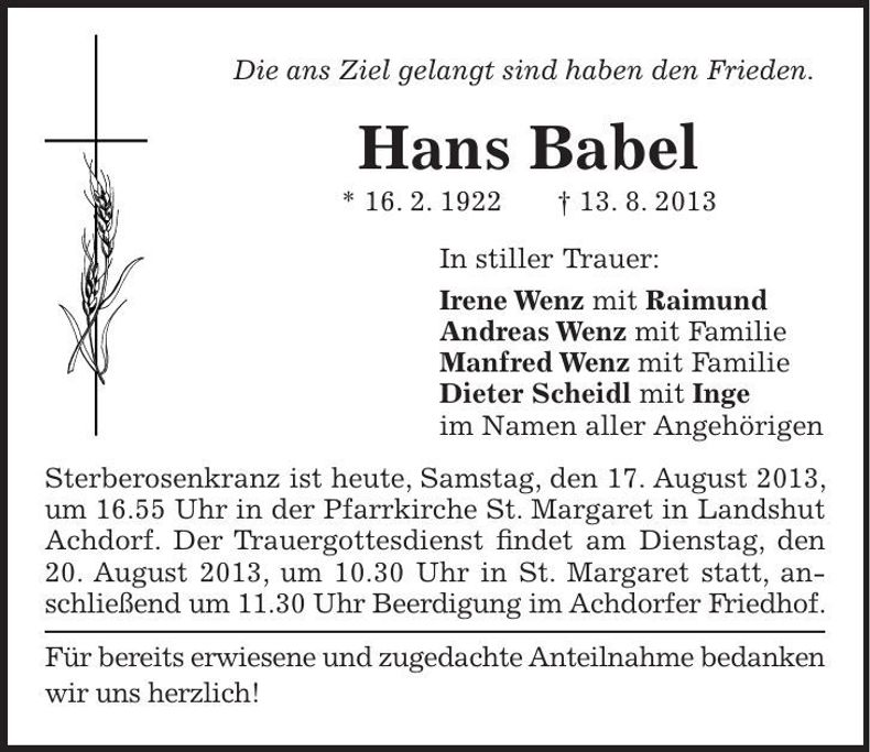 Traueranzeige Hans Babel