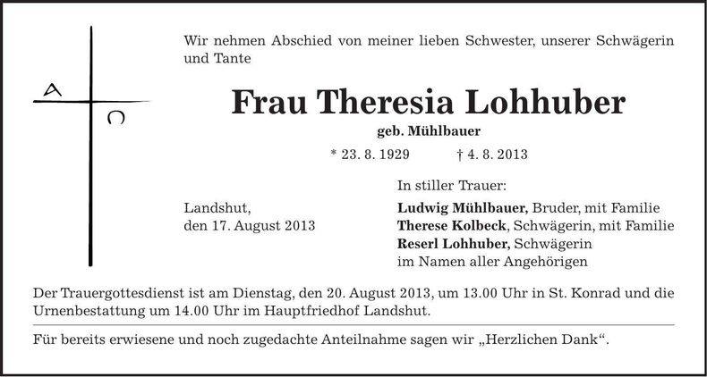 Traueranzeige Theresia Lohhuber