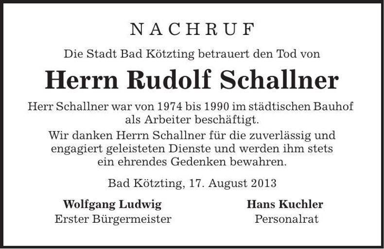 Traueranzeige Rudolf Schallner