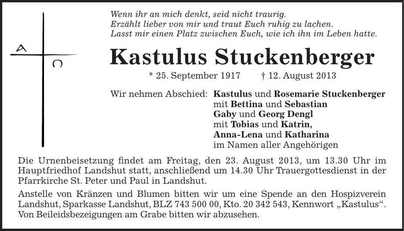 Traueranzeige Kastulus Stuckenberger