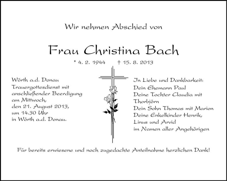 Traueranzeige Christina Bach