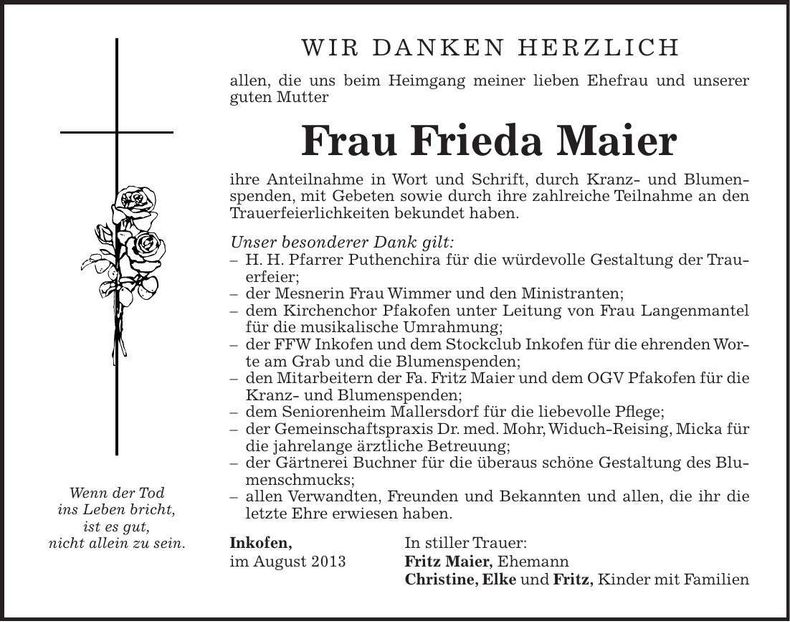 Traueranzeige Frieda Maier