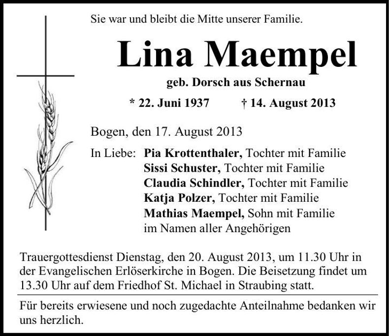 Traueranzeige Lina Maempel