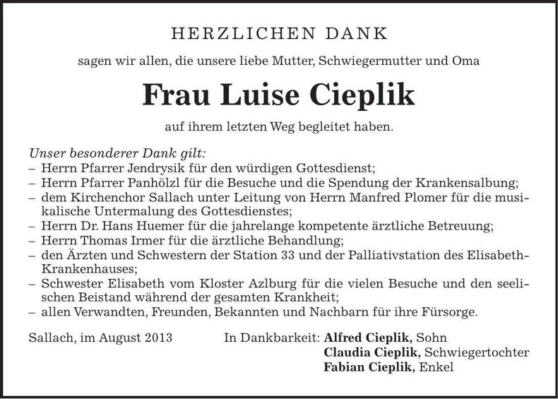 Traueranzeige Luise Cieplik