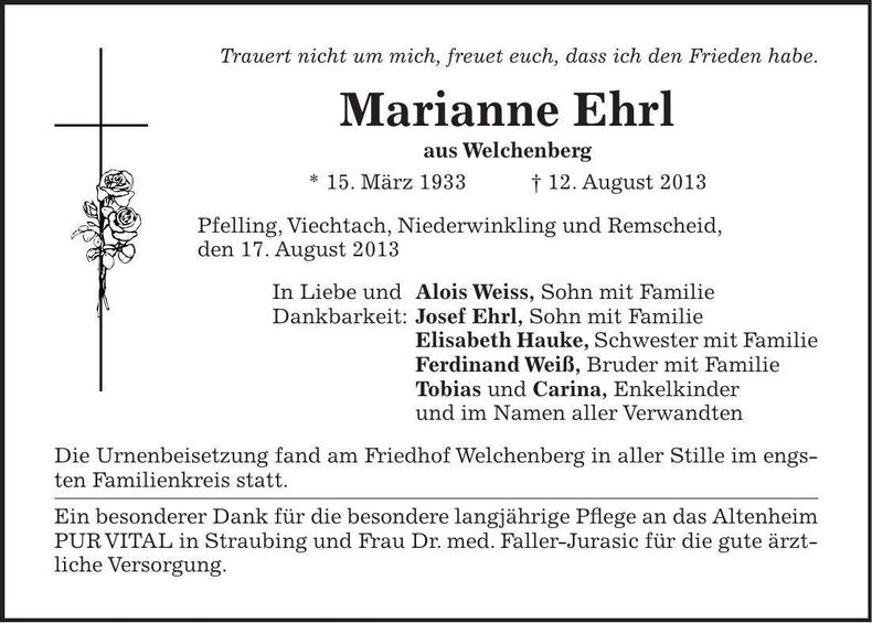 Traueranzeige Marianne Ehrl