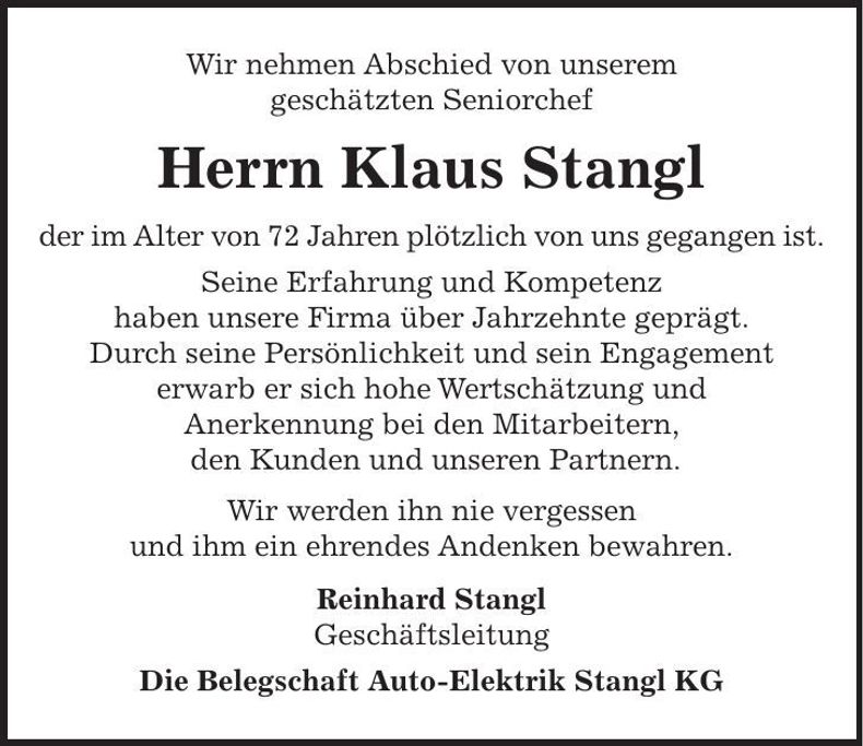 Traueranzeige Klaus Stangl