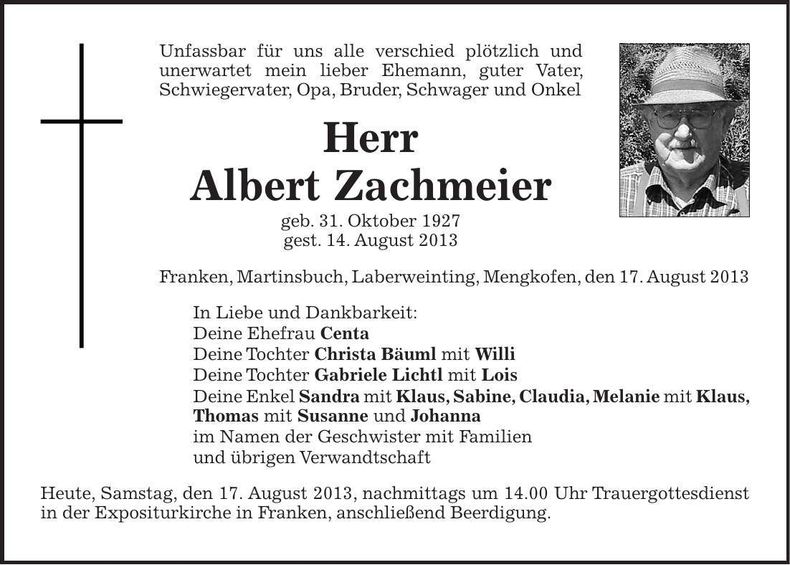 Traueranzeige Albert Zachmeier