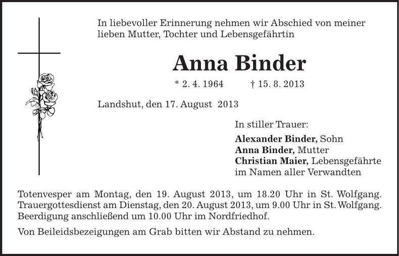 Traueranzeige Anna Binder