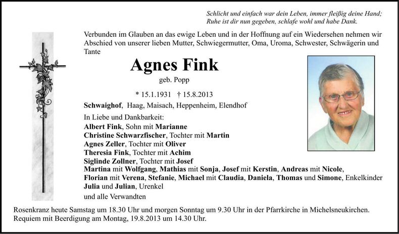 Traueranzeige Agnes Fink