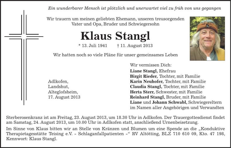 Traueranzeige Klaus Stangl