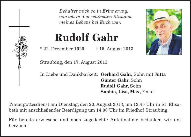 Traueranzeige Rudolf Gahr