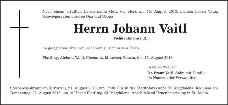 Traueranzeige Johann Vaitl
