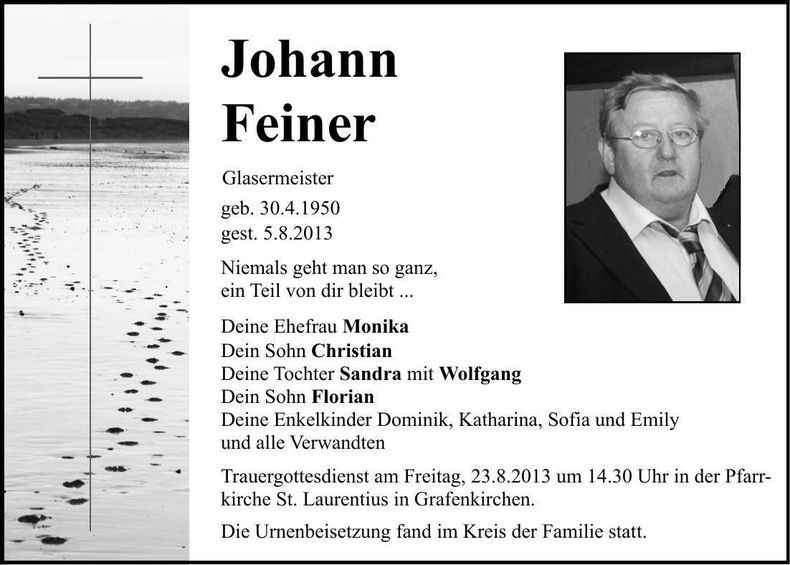 Traueranzeige Johann Feiner