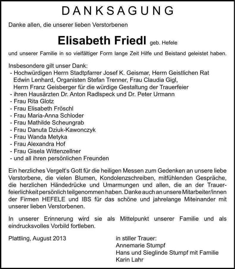 Traueranzeige Elisabeth Friedl