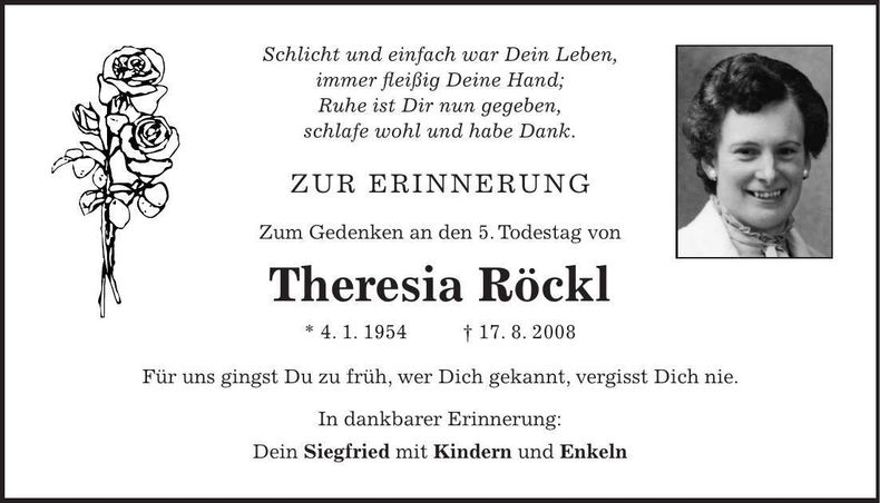 Traueranzeige Theresia Röckl