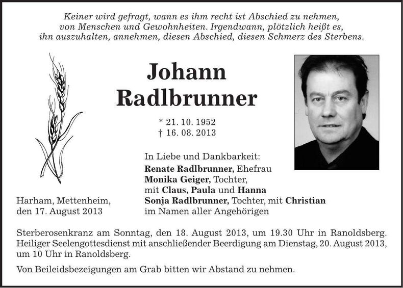 Traueranzeige Johann Radlbrunner