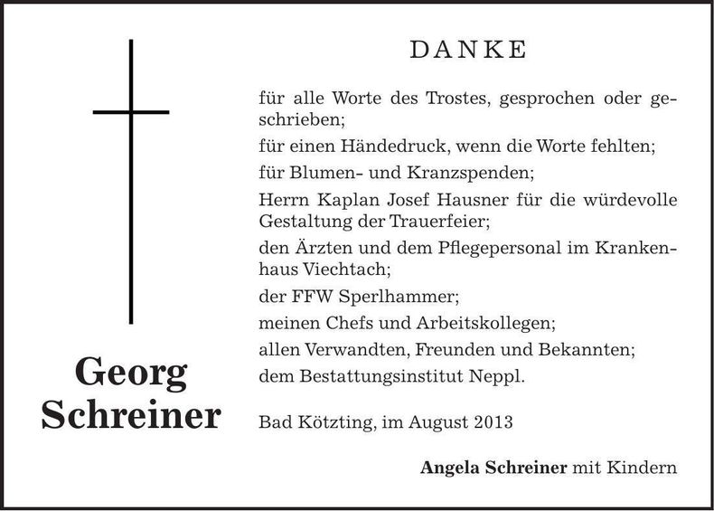 Traueranzeige Georg Schreiner