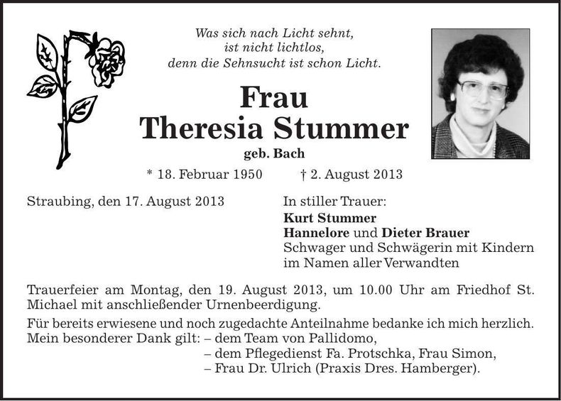 Traueranzeige Theresia Stummer