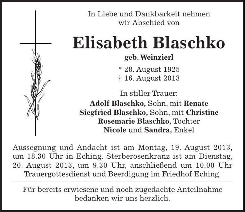 Traueranzeige Elisabeth Blaschko
