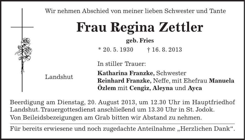 Traueranzeige Regina Zettler