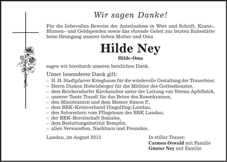 Traueranzeige Hilde Ney