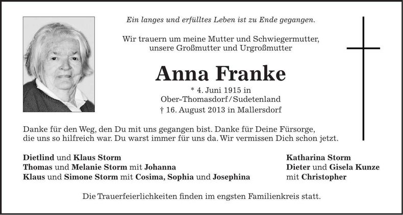 Traueranzeige Anna Franke