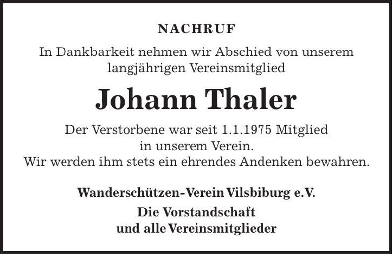 Traueranzeige Johann Thaler