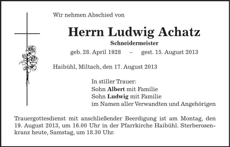 Traueranzeige Ludwig Achatz
