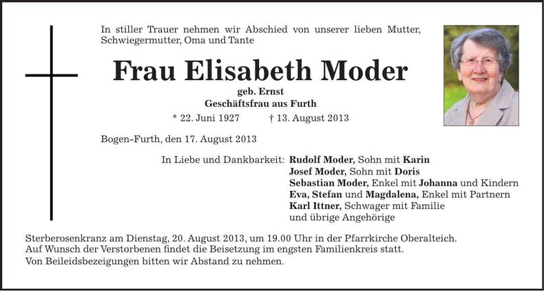 Traueranzeige Elisabeth Moder