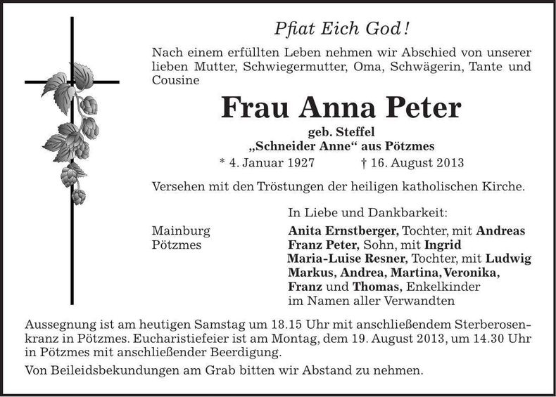 Traueranzeige Anna Peter