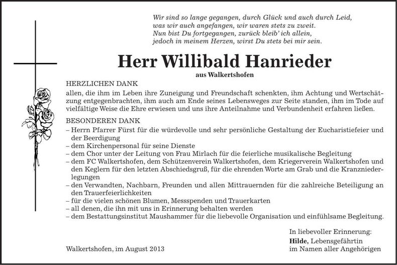 Traueranzeige Willibald Hanrieder