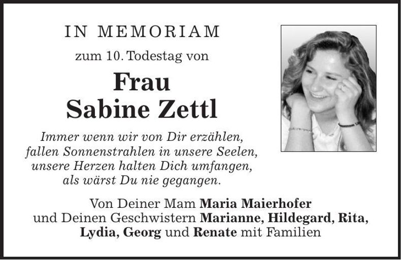 Traueranzeige Sabine Zettl