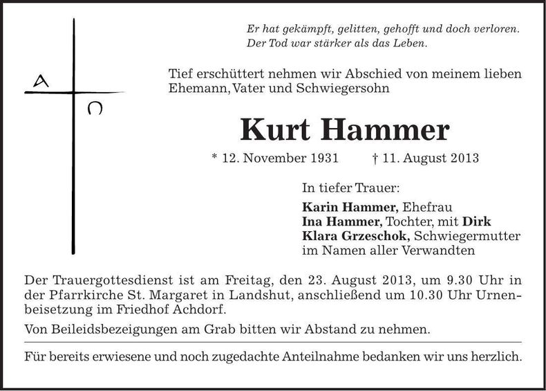 Traueranzeige Kurt Hammer