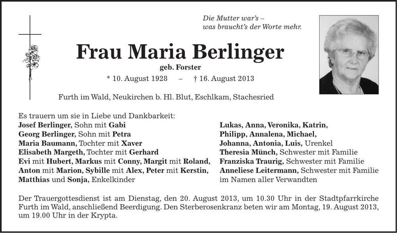 Traueranzeige Maria Berlinger