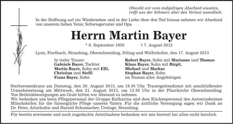 Traueranzeige Martin Bayer