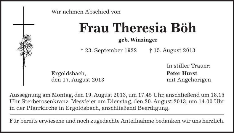 Traueranzeige Theresia Böh