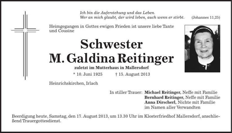 Traueranzeige Schwester M. Geraldina Reitinger