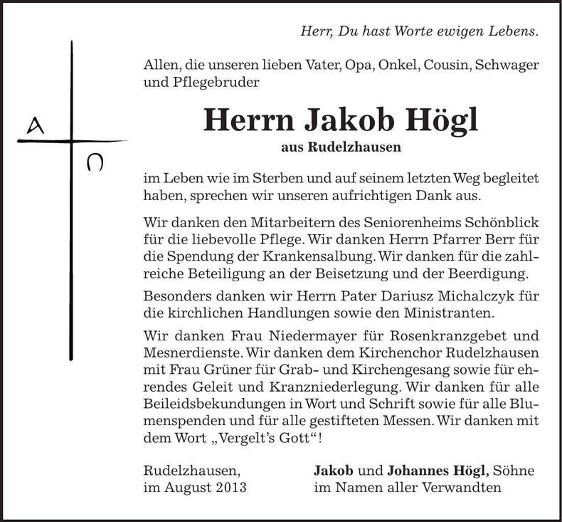 Traueranzeige Jakob Högl