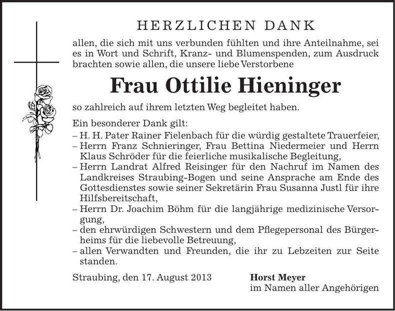 Traueranzeige Ottilie Hieninger