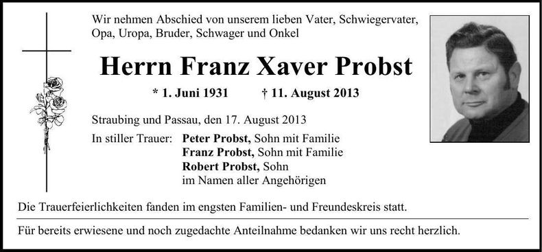 Traueranzeige Franz Xaver Probst