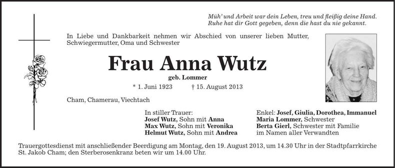 Traueranzeige Anna Wutz