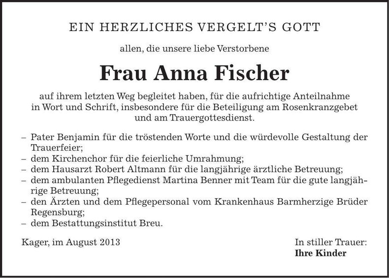 Traueranzeige Anna Fischer