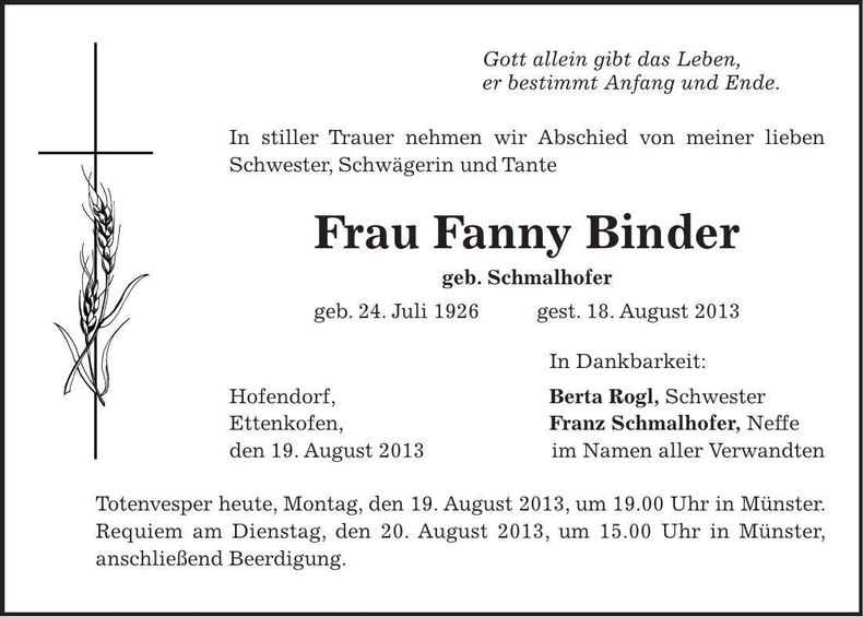 Traueranzeige Fanny Binder