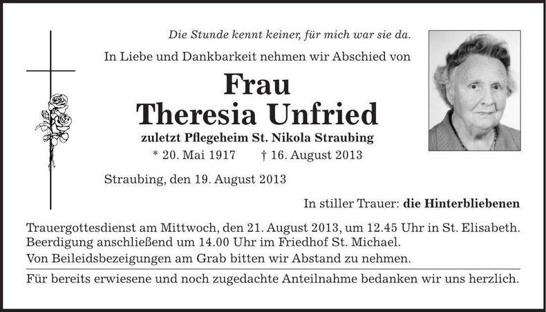 Traueranzeige Theresia Unfried