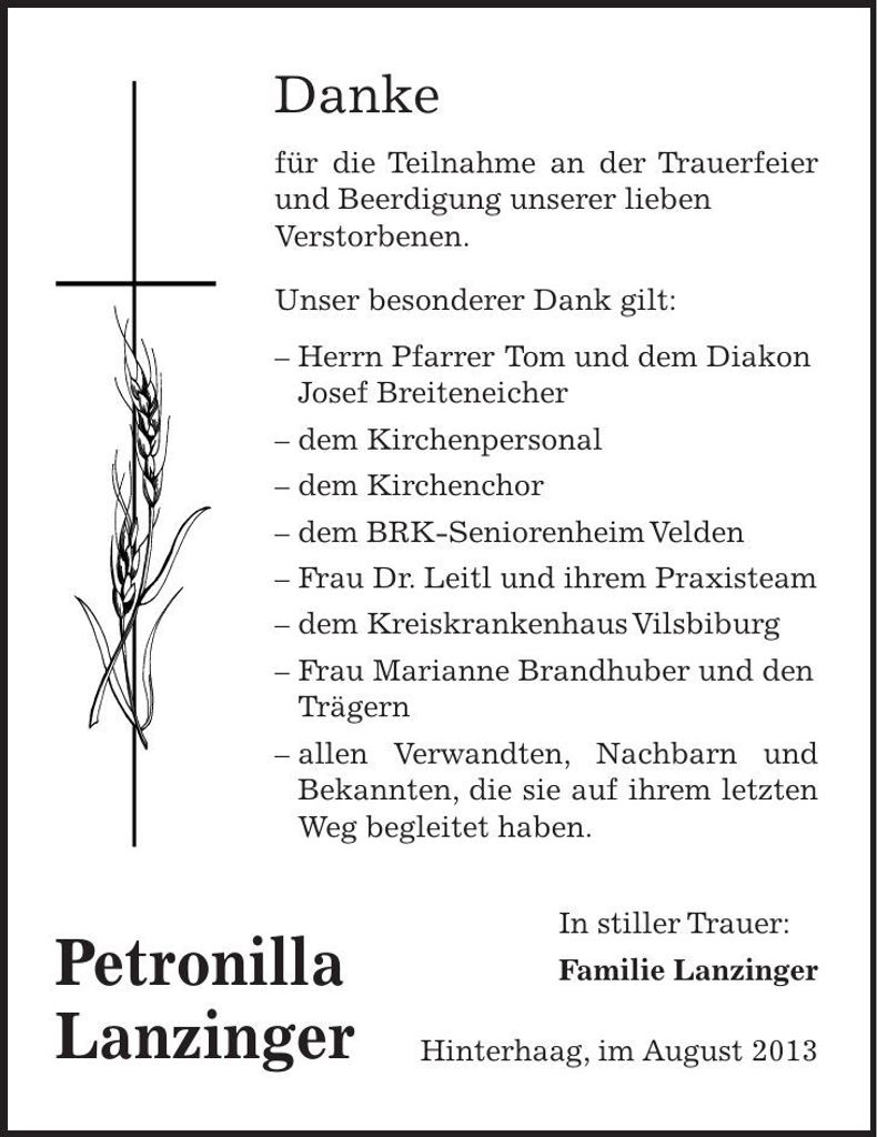 Traueranzeige Petronella Lanzinger
