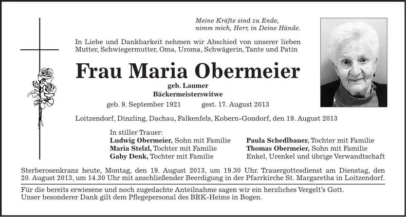 Traueranzeige Maria Obermeier